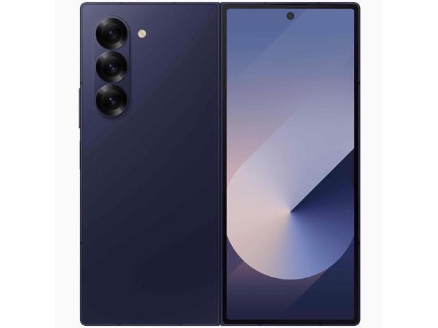 Samsung Z Fold 6 5G in navy blue, featuring a sleek design, three rear cameras, and a large foldable display with a minimal bezel.