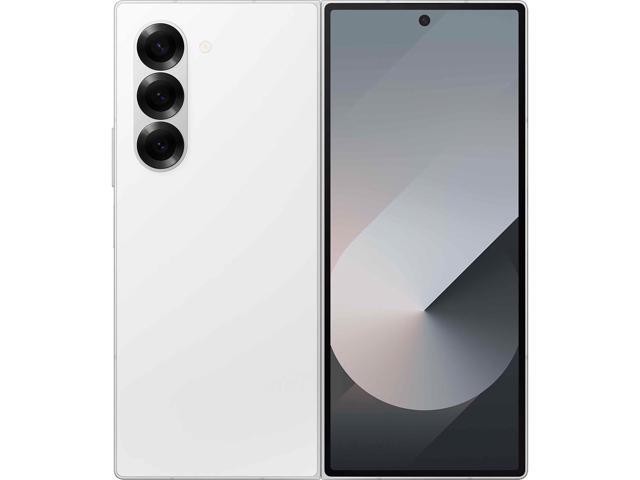 Samsung Z Fold 6 5G in white, featuring a sleek design, three rear cameras, and a large front display with minimal bezels, showcasing its premium build and modern aesthetics.