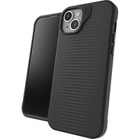Black ZAGG Luxe Snap PCR case for iPhone 15/14 Plus, textured back, dual camera cutout, slim design.