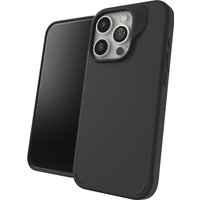 Black ZAGG Manhattan Snap case for iPhone 15 Pro, sleek design, precise camera cutout, textured sides for grip.