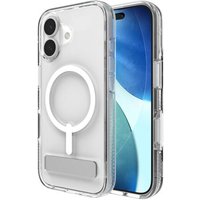Clear ZAGG iPhone 17 case with MagSafe ring, kickstand, and button covers, featuring a transparent back.