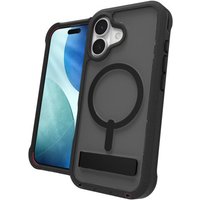 Smoke black iPhone 17 case with kickstand, circular MagSafe ring, and reinforced corners by ZAGG.
