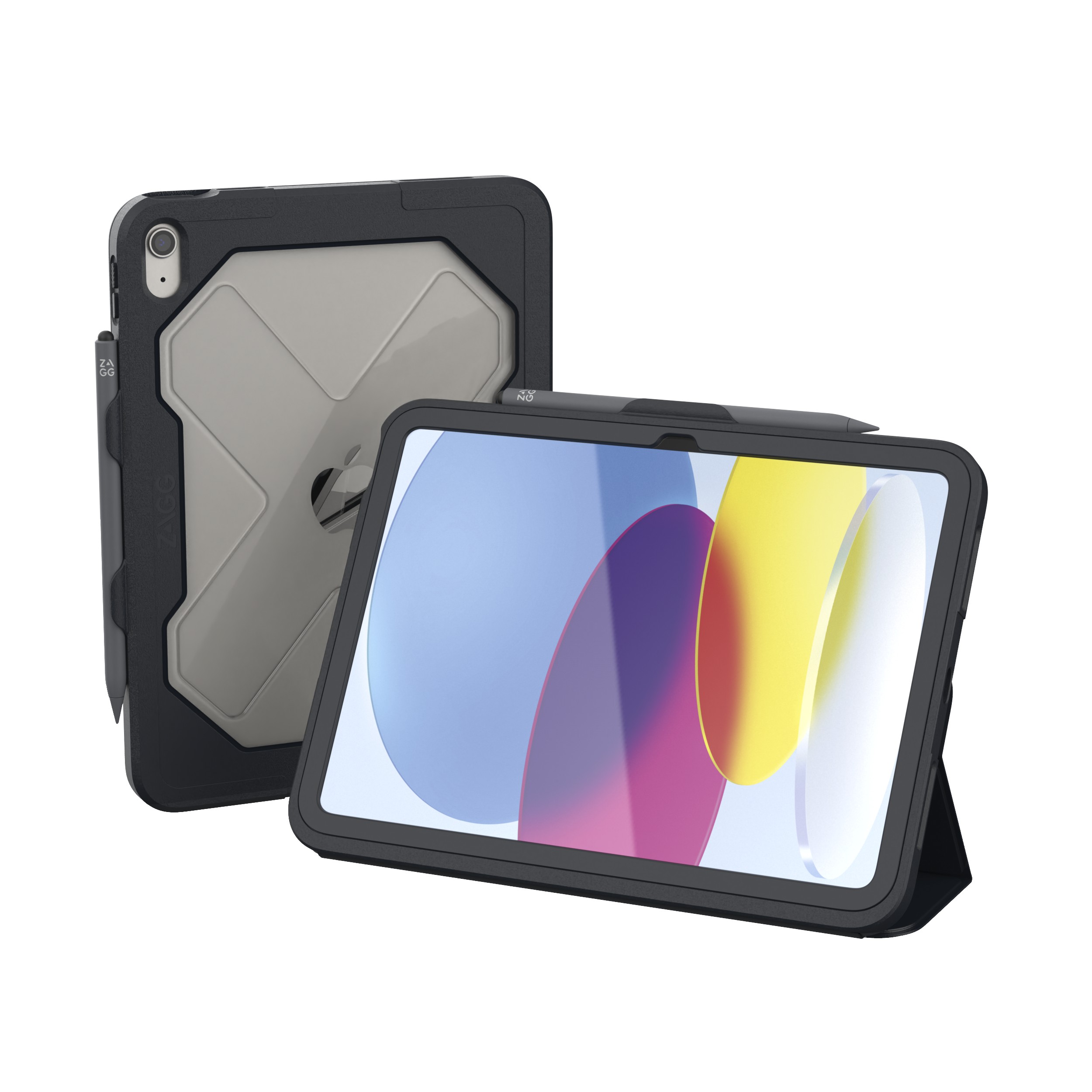 ZAGG Rugged Messenger Case for Apple iPad 10.9" 10th Gen in charcoal, featuring a durable design, integrated stand, and protective back panel.
