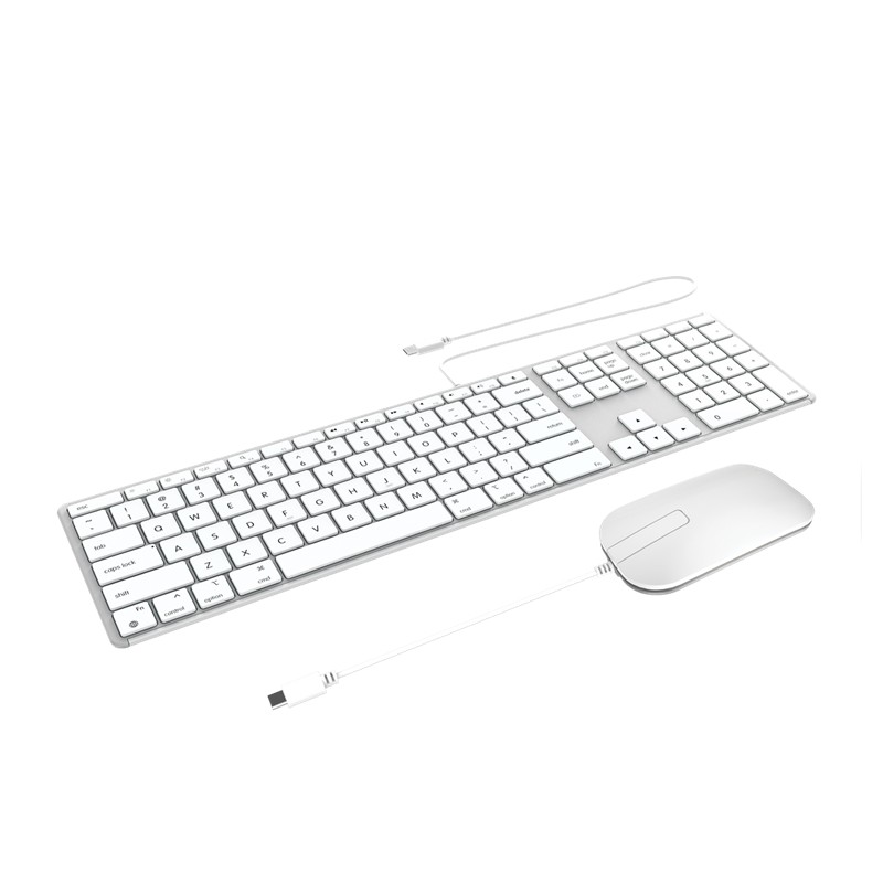 Wired USB-C keyboard and mouse combo in silver, featuring a sleek design, white keys with black lettering, and a USB-C cable for connectivity.