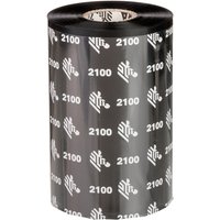 Black Zebra thermal-transfer ribbon roll with white Zebra logo and "2100" text, 110mm x 450m size.