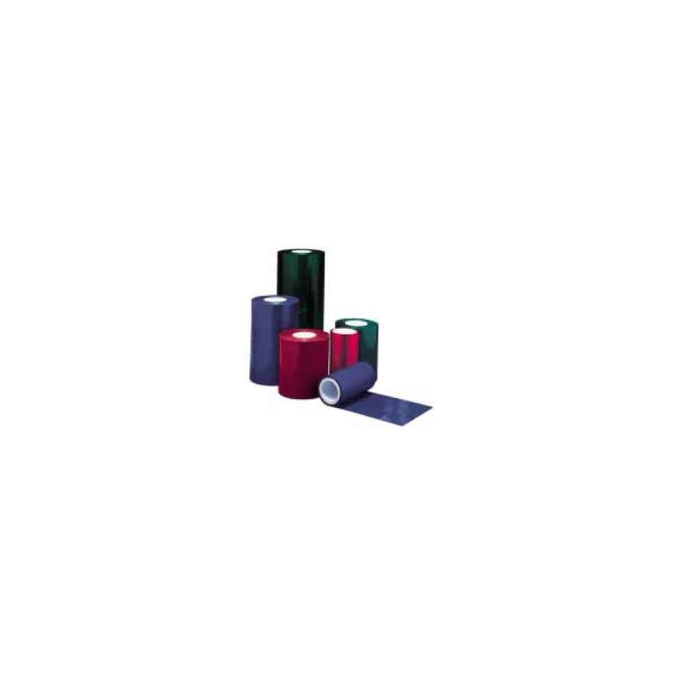 Thermal-transfer ribbons in various colors including black, green, red, and blue, with a glossy finish, stacked and one partially unrolled, designed for Zebra printers.