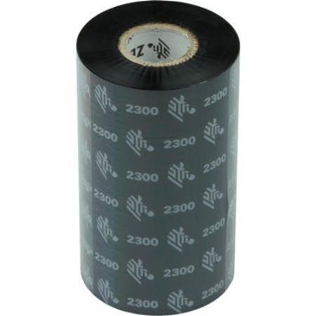 Black wax printer ribbon roll, 110mm wide and 300m long, featuring the Zebra logo and "2300" printed in a repeating pattern on the surface.