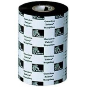 Black and white printer ribbon roll featuring the Zebra logo, measuring 33mm x 74m, designed for thermal printing applications.