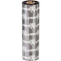 Zebra thermal-transfer ribbon, black with white branding, 64mm x 74m roll, cardboard core, pack of 12.