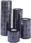 Black wax/resin printer ribbons in various sizes, featuring a glossy finish and printed labels, designed for Zebra printers, with the largest roll measuring 84mm x 74m.