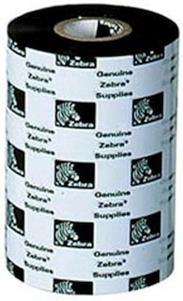 Black and white thermal-transfer ribbon roll, 110mm wide and 30m long, featuring Zebra branding and logos, packaged for use in Zebra printers.