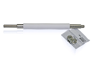 White roller with metallic ends, accompanied by two small silver gears in a clear plastic bag, designed as a spare part for Zebra printers and scanners.