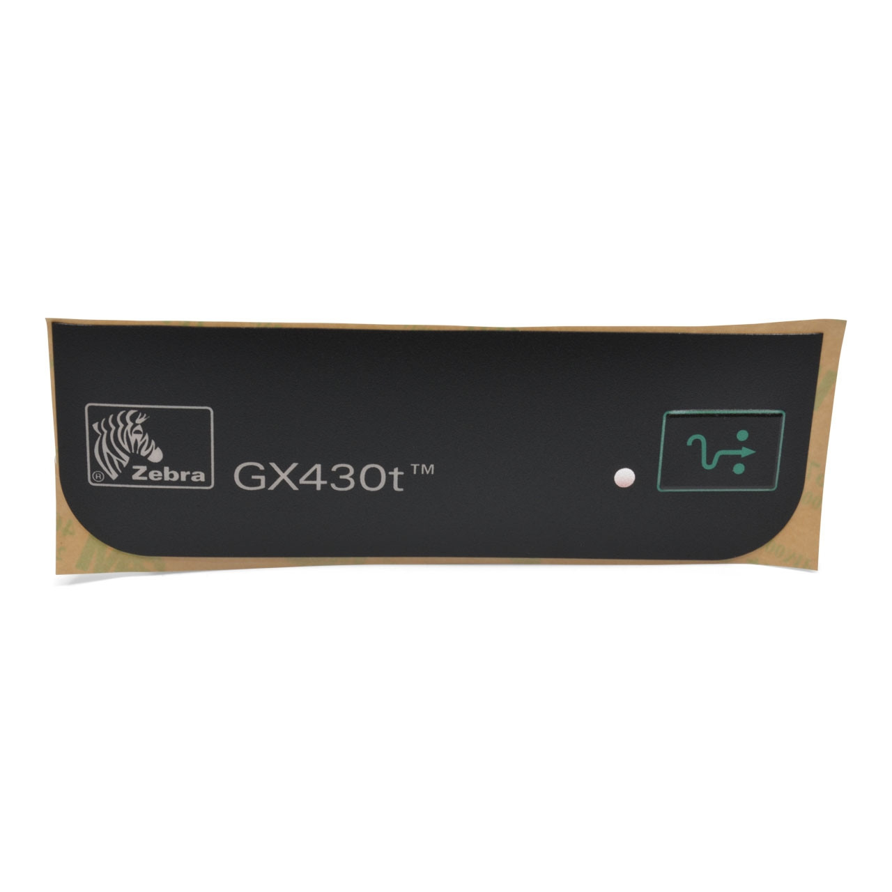 Black nameplate for Zebra GX430t printer/scanner, featuring a white logo and green indicator symbols, with a glossy finish and a rectangular shape.