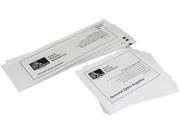 White cleaning cards with printed instructions and logos, designed for the Zebra 105999-302 printer, neatly stacked with a few slightly separated.