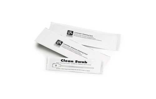 Zebra 105999-311 Printer Cleaning Kit featuring three individual cleaning swabs and cards, all packaged in white wrappers with clear labeling for easy identification.