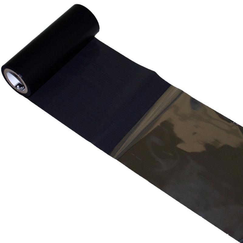 Black thermal ribbon roll with a glossy finish, measuring 450 meters, designed for high-quality printing on labels, featuring a wax-resin blend for durability.