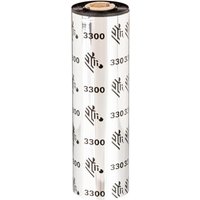 Black Zebra 3300 Wax/Resin thermal ribbon roll, 74m, with branded pattern on clear outer wrap.