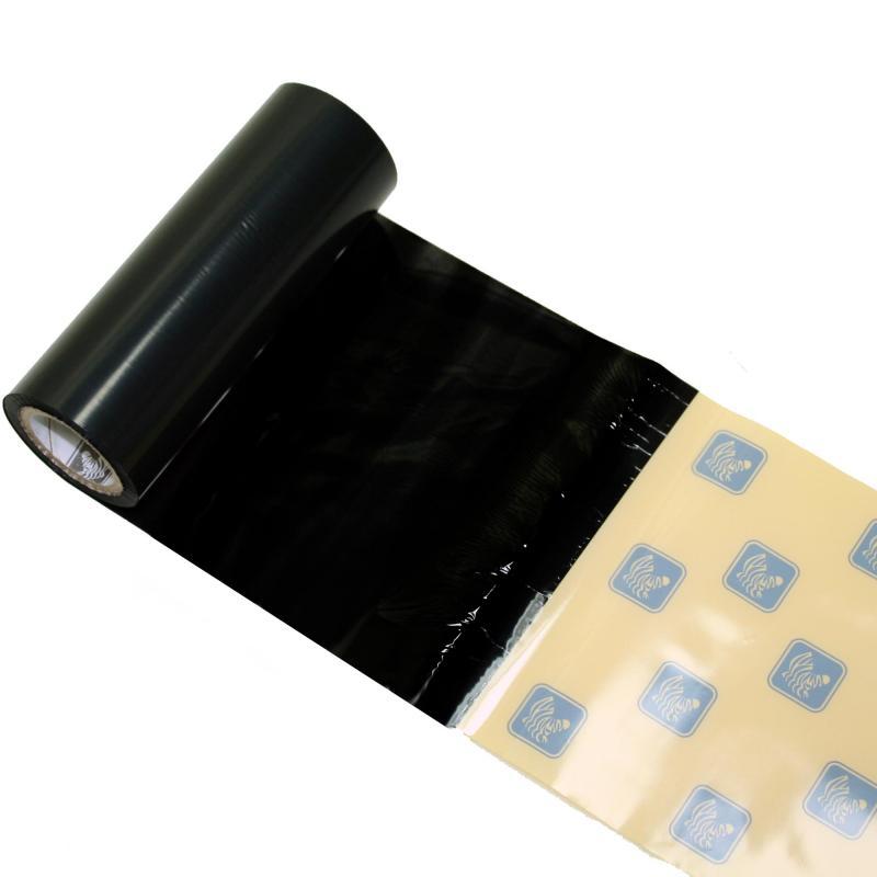 Black wax-resin thermal ribbon on a roll, measuring 450 meters, featuring a glossy finish and a portion of the backing with blue logo stickers visible.