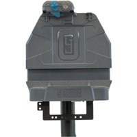 Grey Zebra mobile device dock station with angular design and mounting bracket.