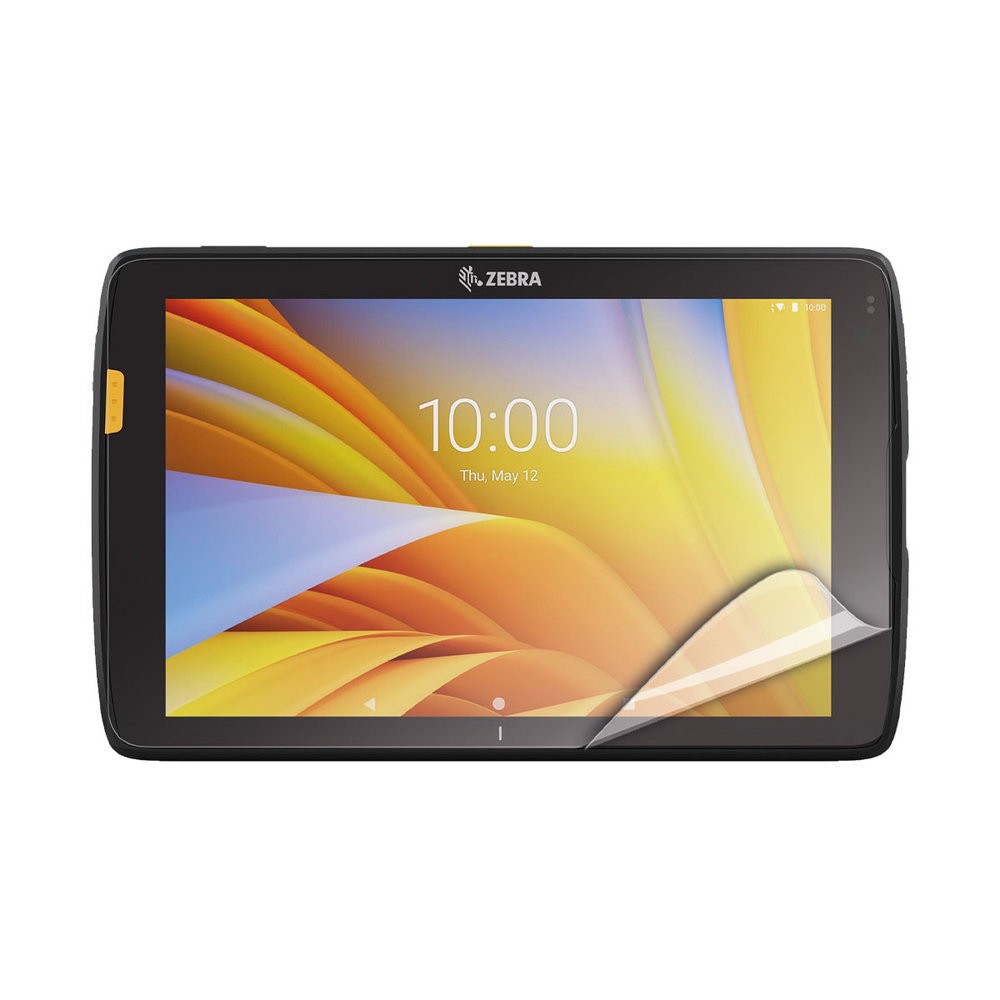 Black handheld mobile computer accessory with a vibrant touchscreen display, featuring a protective screen overlay and a bright orange side button.