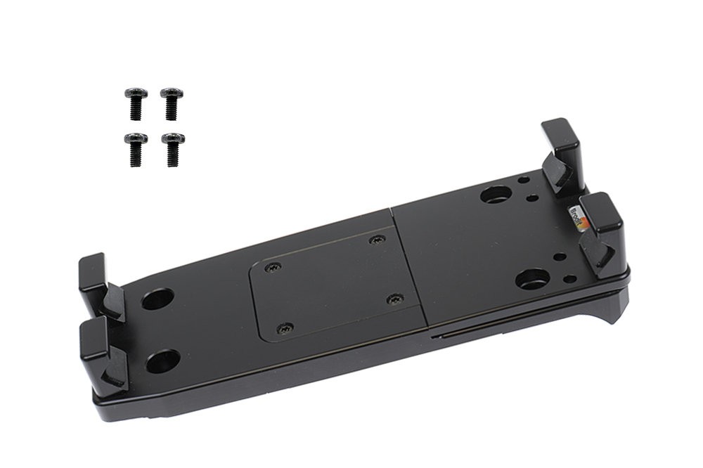 Black handheld mobile computer accessory adapter with mounting brackets and four screws, designed for secure attachment and stability.