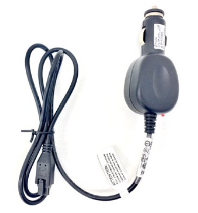 Grey mobile device charger with a cigar lighter plug, featuring a flexible black cable and a connector for PDA devices, designed for on-the-go charging.