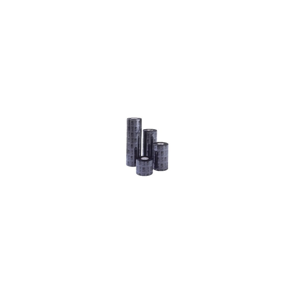 Black resin printer ribbons in cylindrical rolls, featuring a textured surface, labeled with product details, measuring 80mm x 450m, designed for Zebra printers.
