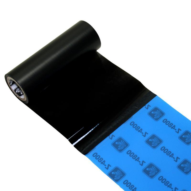 Black thermal transfer ink ribbon refill by Zebra, featuring a glossy finish and a blue backing with repeated branding, designed for high-quality printing.