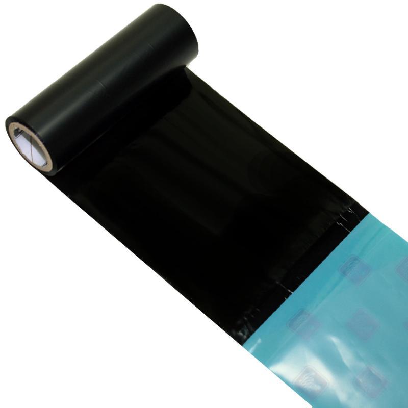 Black resin printer ribbon roll with a glossy finish, measuring 60mm x 300m, featuring a blue protective layer at the bottom and a white core.