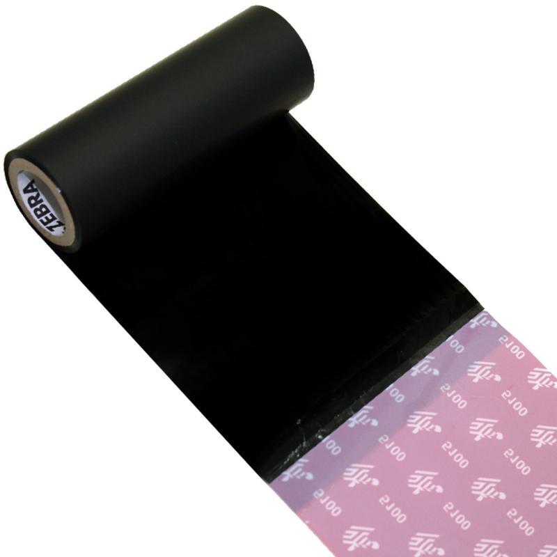 Black thermal ribbon roll with a glossy finish, featuring a pink backing with repeated Zebra logo, designed for high-quality printing and measuring 450 meters in length.