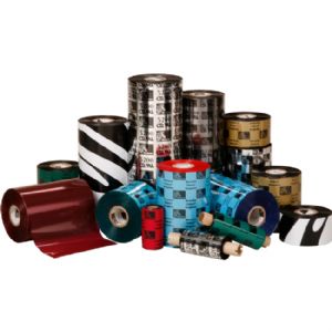 Various printer ribbons in cylindrical rolls, featuring colors like red, blue, black, and green, with patterns including stripes and checkered designs, arranged in a clustered display.