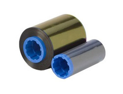 Zebra 800077-701 printer ribbon featuring two rolls, one larger with a shiny gold surface and a smaller black roll, both with blue cores, designed for 2500 pages of printing.