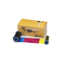 Zebra 800350-264EM printer ribbon set featuring black, cyan, magenta, and yellow colors, packaged in a gold box with two spools and a color strip.