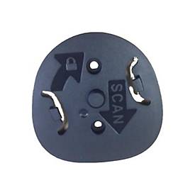 Black plastic accessory holder for barcode readers, featuring directional arrows and a lock symbol, designed for secure attachment and easy scanning access.