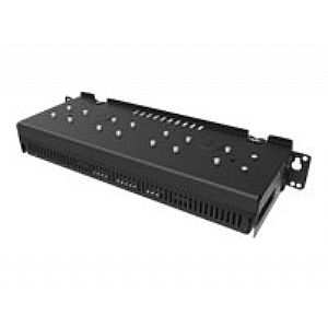 Black metal mounting kit with multiple screw holes, ventilation slots, and a flat design, suitable for secure installation of equipment.