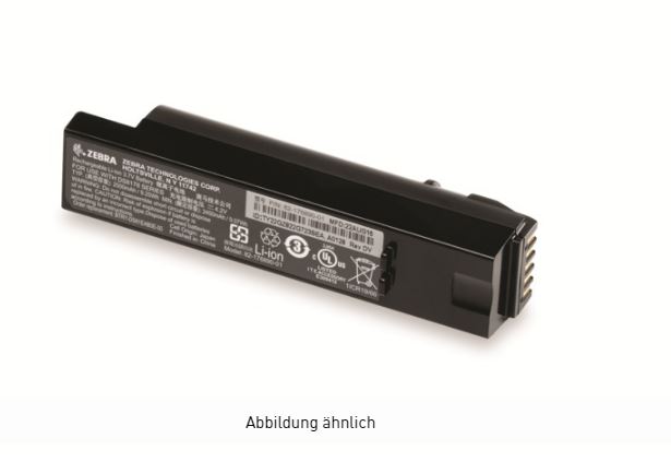 Black lithium-ion battery for Zebra BTRY-DS81EAB0E-00 barcode reader accessory, featuring multiple connector pins and printed technical specifications on one side.