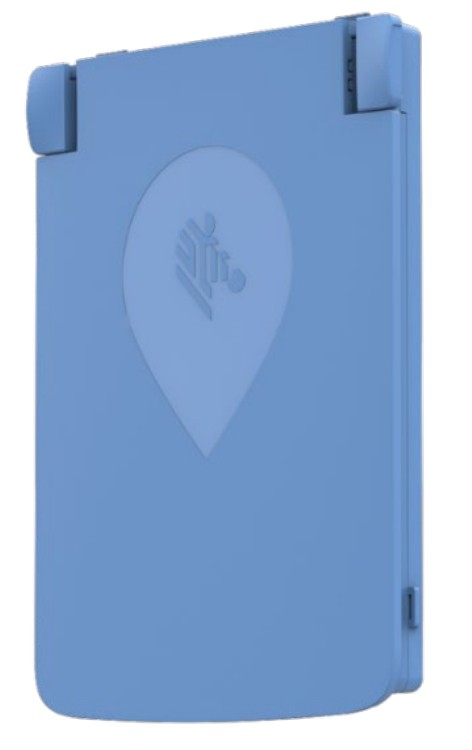 Blue handheld mobile computer battery with a smooth plastic finish, featuring a central logo resembling a location pin with a person icon.