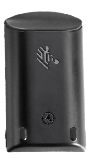 Black handheld mobile computer battery with a smooth finish, featuring a logo and two attachment points on the bottom for secure fitting.