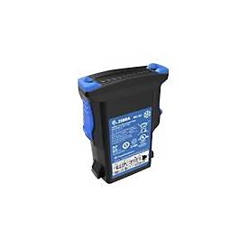 Black battery accessory with blue accents, featuring a textured grip and clear labeling, designed for Zebra BTRY-MC93-FRZ-01 barcode readers.