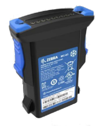 Black and blue Zebra BTRY-MC93-FRZ-10 barcode reader accessory battery with a label detailing specifications and safety information on one side.