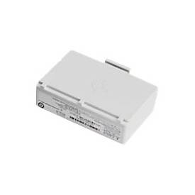 White rectangular battery with a textured surface, featuring a small clip on one side and printed specifications on the top, designed for Zebra printer/scanner models.