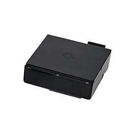 Black rectangular battery with a smooth plastic finish, featuring a small connector on one side, designed for Zebra printer/scanner models.