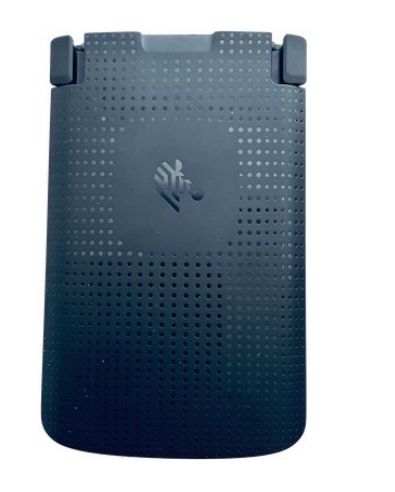 Black handheld mobile computer spare part with a textured surface featuring small perforations and a central logo, designed for Zebra devices.