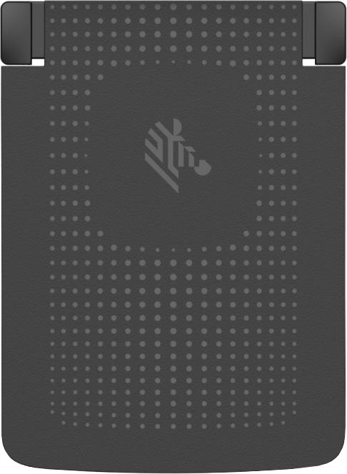 Black battery with a textured surface and dotted pattern, featuring a Zebra logo in the center and two clips at the top for attachment.