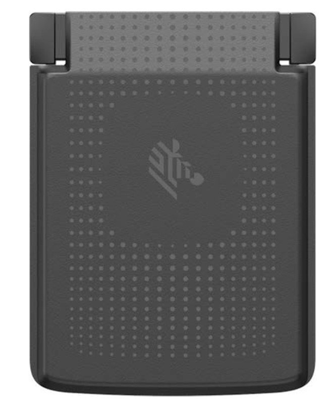 Black handheld battery accessory with a textured surface, featuring a dotted pattern and the Zebra logo in the center, designed for mobile computers.