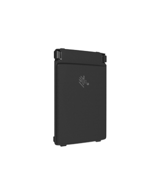 Black rectangular battery accessory for Zebra barcode readers, featuring a smooth surface and secure clips on the top for attachment.