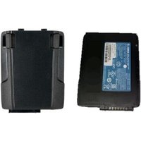 Black Zebra handheld mobile computer battery with blue label and connector pins.