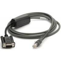 Black Zebra serial cable 2.13 m with DB9 and RJ-45 connectors, coiled design, and rectangular plastic housing.