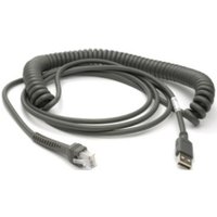 Black Zebra USB 2.0 cable, 4.57 m, with coiled design and USB A connector.