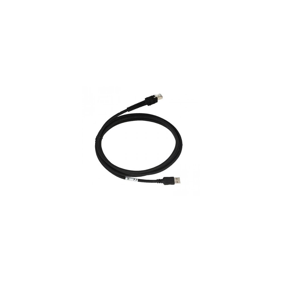 Black USB cable with a coiled design, featuring a standard USB connector at one end and a connector compatible with Zebra barcode readers at the other end.